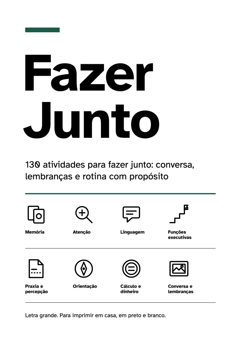 Capa do Kit Fazer Junto: o título em letras grandes pretas, uma barra verde e os ícones das oito áreas de atividades, com os nomes embaixo.